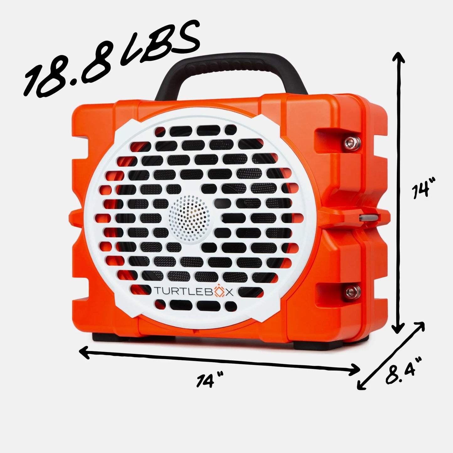 Turtlebox Grande orange rugged outdoor speaker angled product view
