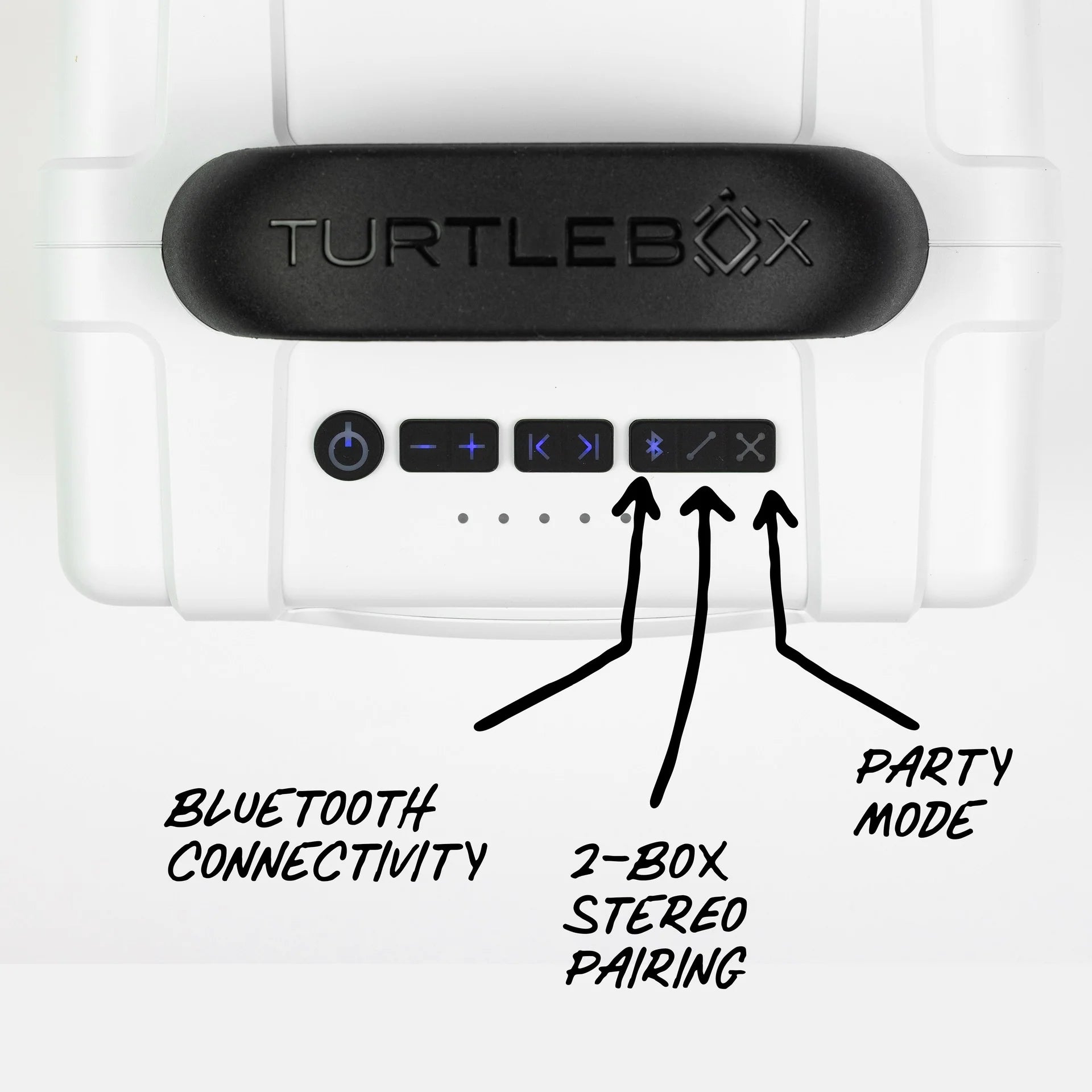 Turtlebox Cub white rugged outdoor speaker top controls view 2